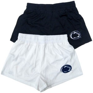 women's navy and white mesh track shorts with Penn State Athletic Logo on left thigh